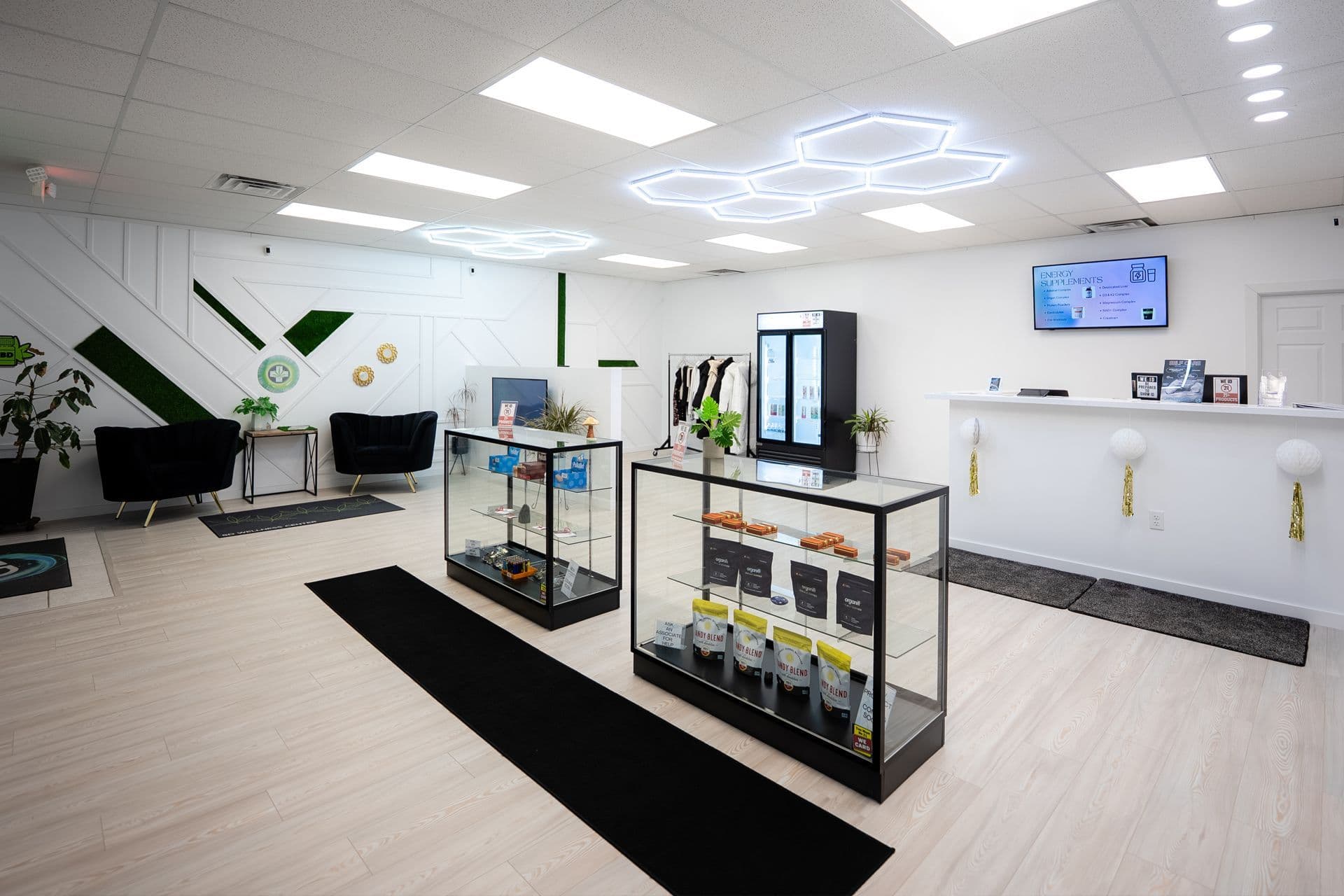 Inside 5D Wellness — the supplement lounge and front desk in East Bethel, MN